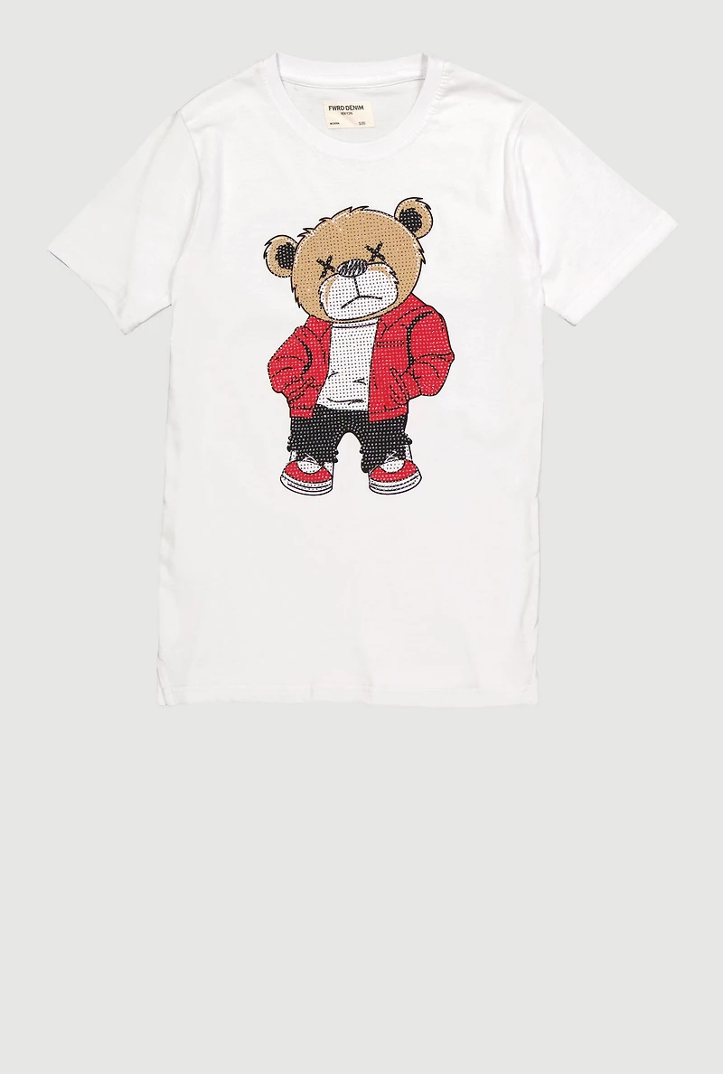 Boys Rhinestone Bear Graphic Short Sleeve Tee, White, Size 14-16