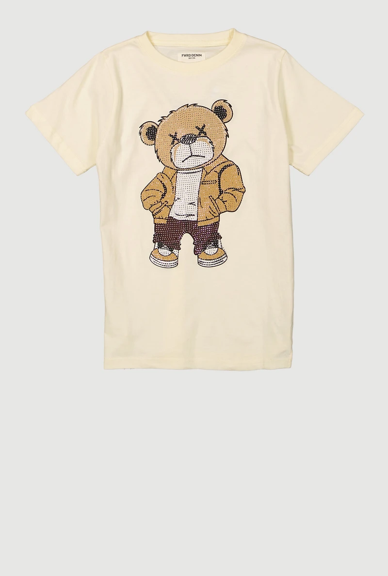Boys Rhinestone Teddy Bear Graphic Tee, Beige, Size 18-20