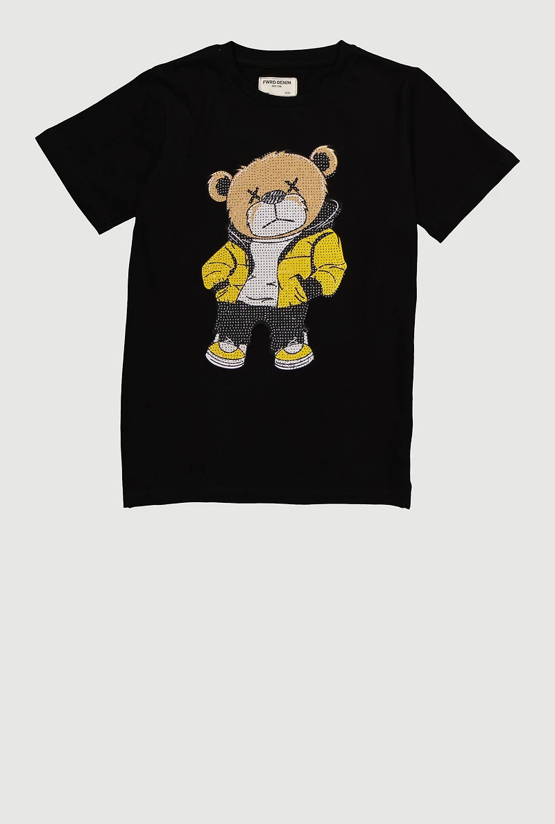 Boys Rhinestone Bear Graphic Tee, Black,
