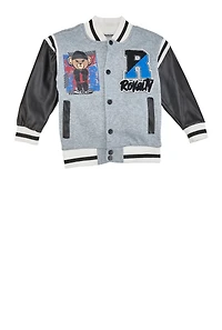 Little Boys Royalty Chenille Patch Graphic Varsity Jacket, Grey, Size 5-6
