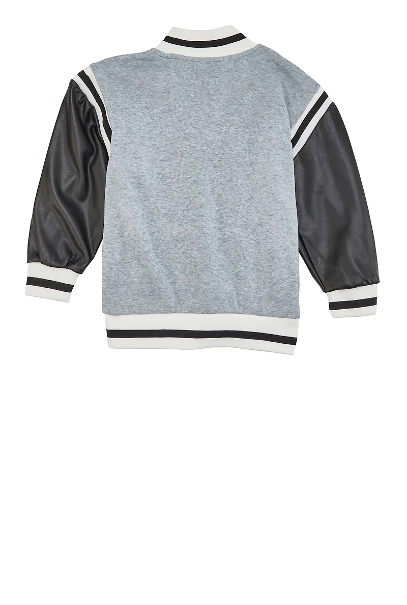 Little Boys Royalty Chenille Patch Graphic Varsity Jacket, Grey, Size 5-6