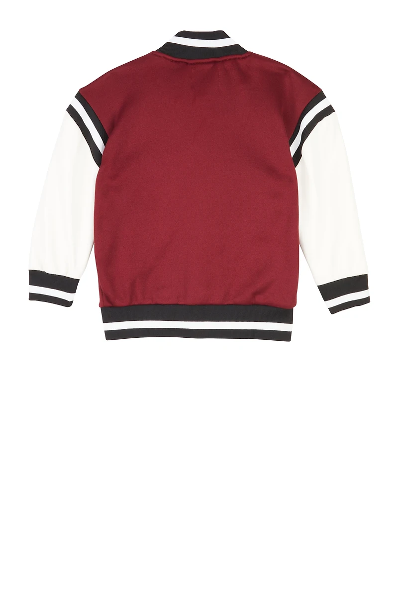 Little Boys Royalty Chenille Patch Graphic Varsity Jacket, Burgundy,