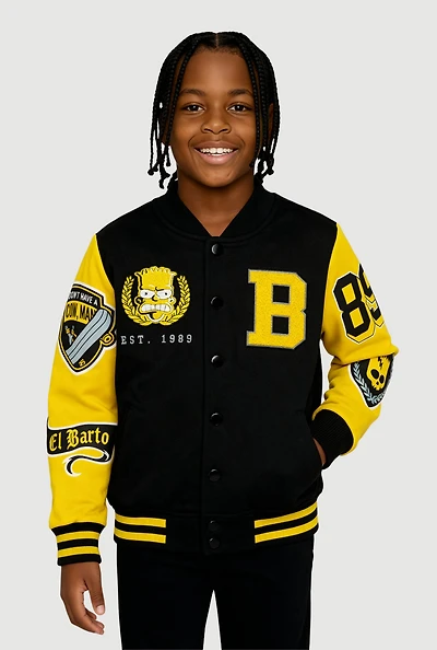Boys Color Blocked Bart Graphic Varsity Bomber Jacket, Multi, Size 10-12