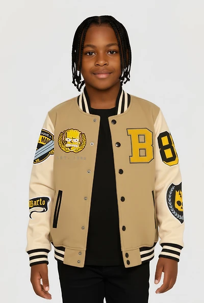 Boys Springfield Bart Simpson Patch Graphic Varsity Jacket, Beige, Size 10-12