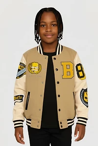 Boys Springfield Bart Simpson Patch Graphic Varsity Jacket, Beige, Size 10-12