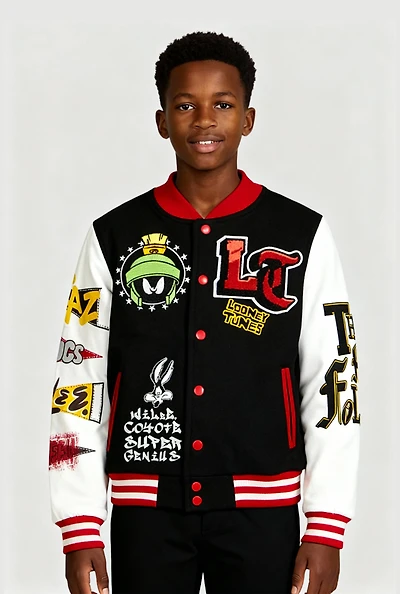 Boys Looney Tunes Graphic Button Front Varsity Jacket