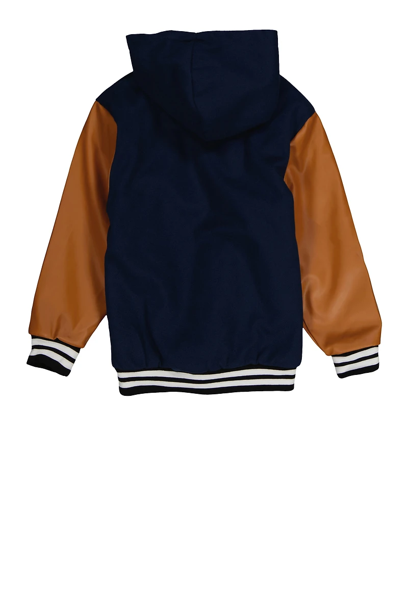 Boys B Initial Faux Leather Sleeve Hooded Jacket,