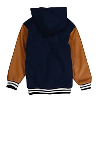 Boys B Initial Faux Leather Sleeve Hooded Jacket,