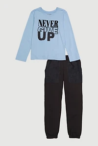 Boys Never Give Up Graphic Tee and Joggers, Blue,
