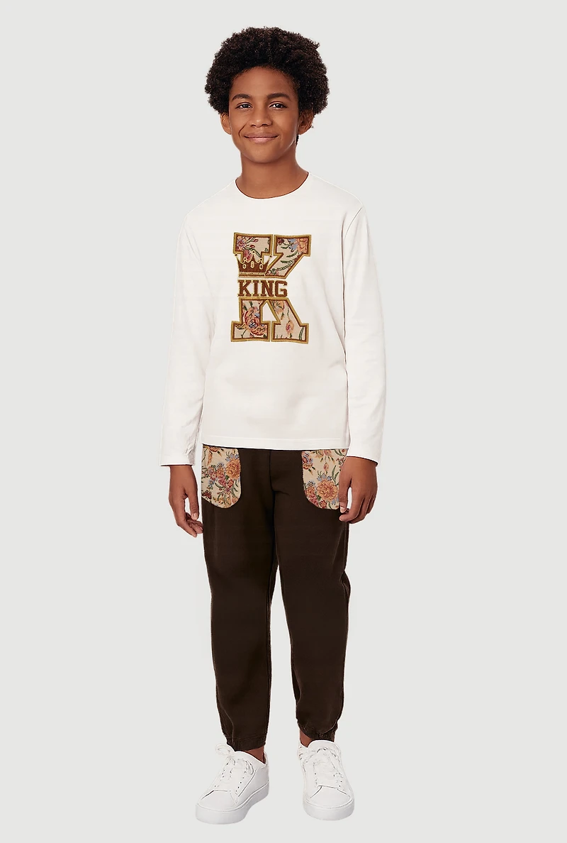 Boys Jacquard King Floral Graphic Top and Joggers, White, Size 8