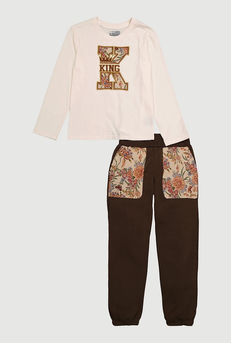 Boys Jacquard King Floral Graphic Top and Joggers, White, Size 8
