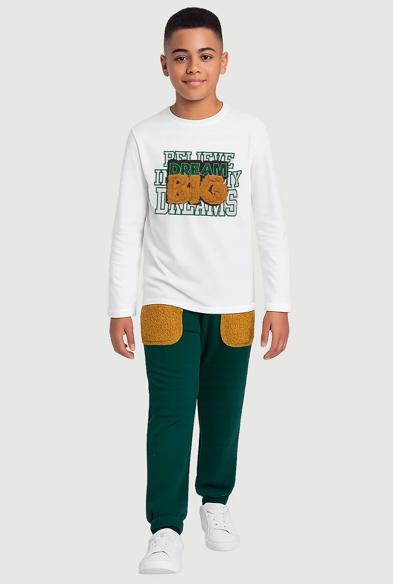 Boys Sherpa Detail Dream Big Long Sleeve Top and Sweatpants, Green, Size 18