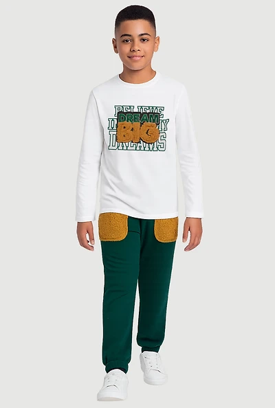 Boys Sherpa Detail Dream Big Long Sleeve Top and Sweatpants, Green, Size 18