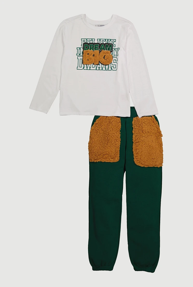 Boys Sherpa Detail Dream Big Long Sleeve Top and Sweatpants, Green, Size 8