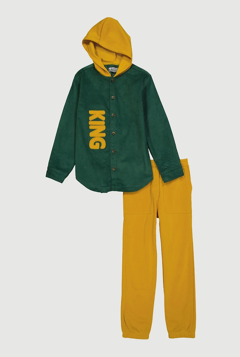 Boys King Graphic Corduroy Shirt and Sweatpants Set