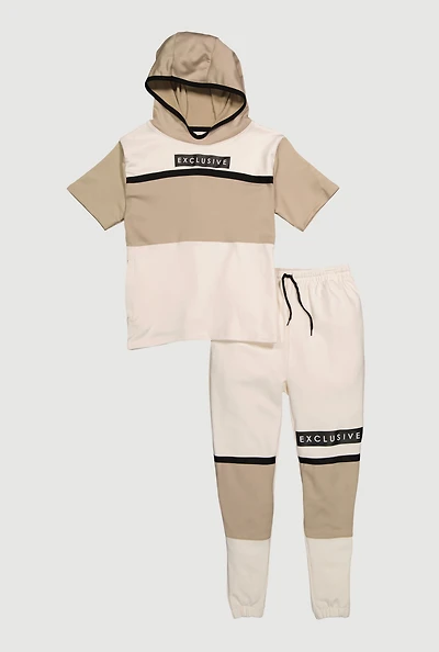 Boys Exclusive Graphic Hooded Sweatshirt and Joggers, Beige,