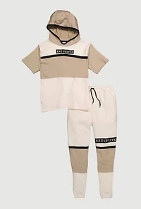 Boys Exclusive Graphic Hooded Sweatshirt and Joggers, Beige,