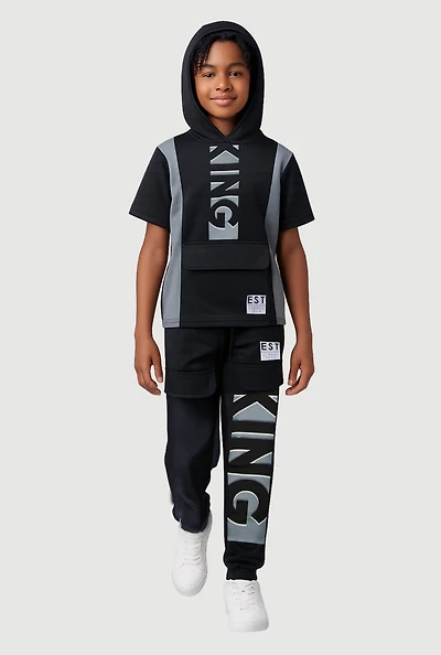 Boys King Graphic Pull Over Hoodie and Joggers, Black, Size 16-18