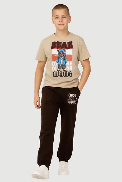 Boys Cool Bear Attitude Graphic Tee and Sweatpants, Brown, Size 16-18