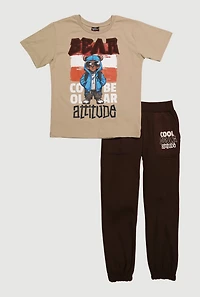 Boys Cool Bear Attitude Graphic Tee and Sweatpants, Brown, Size 16-18