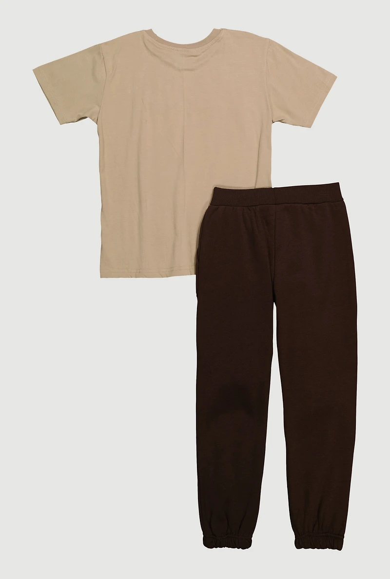 Boys Cool Bear Attitude Graphic Tee and Sweatpants, Brown, Size 12-14