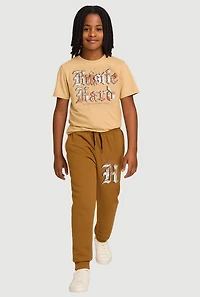 Boys Hustle Hard Graphic Tee and Drawstring Waist Joggers, Khaki, Size 8-10