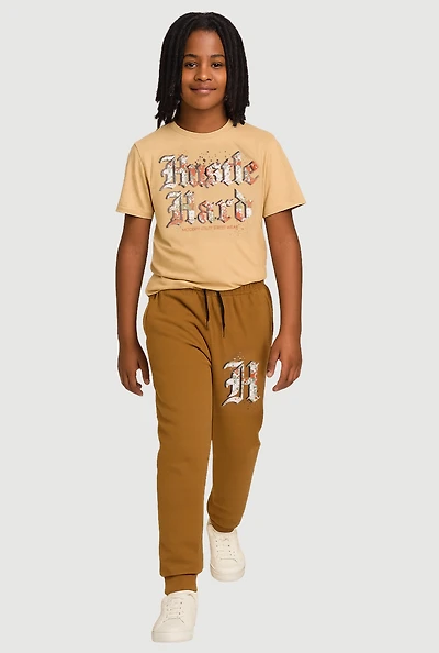 Boys Hustle Hard Graphic Tee and Drawstring Waist Joggers, Khaki, Size 8-10