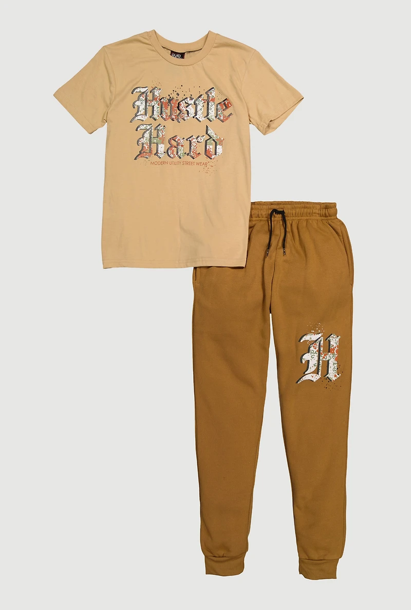 Boys Hustle Hard Graphic Tee and Drawstring Waist Joggers, Khaki, Size 8-10