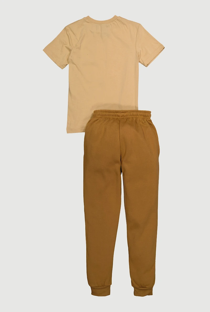 Boys Hustle Hard Graphic Tee and Drawstring Waist Joggers, Khaki, Size 8-10