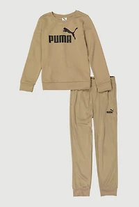Boys Long Sleeve Puma Graphic Sweatshirt and Joggers, Beige,
