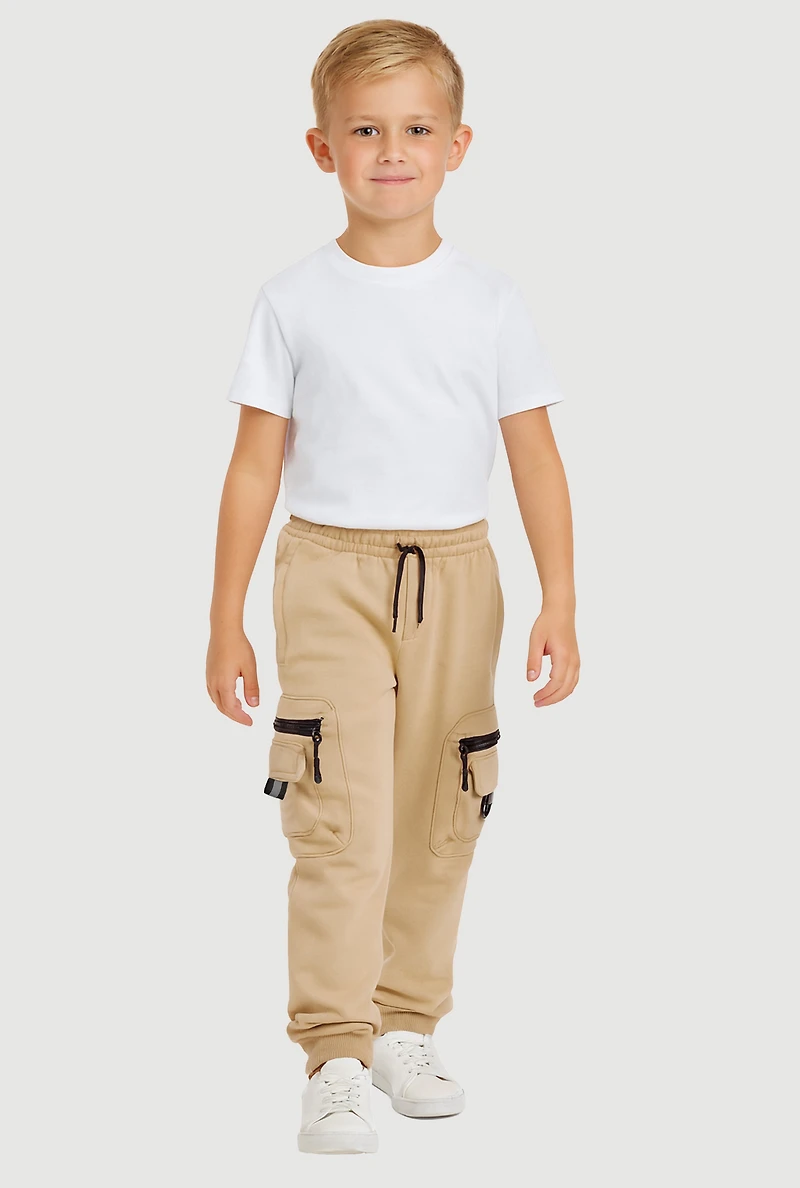 Little Boys Drawstring Waist Zip Cargo Joggers, Khaki,