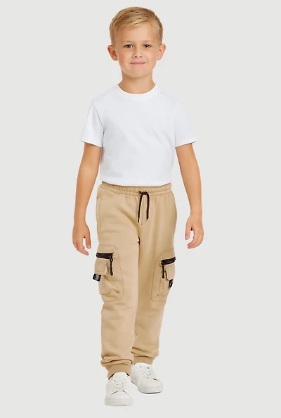 Little Boys Drawstring Waist Zip Cargo Joggers, Khaki,