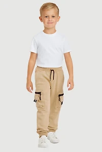 Little Boys Drawstring Waist Zip Cargo Joggers, Khaki,