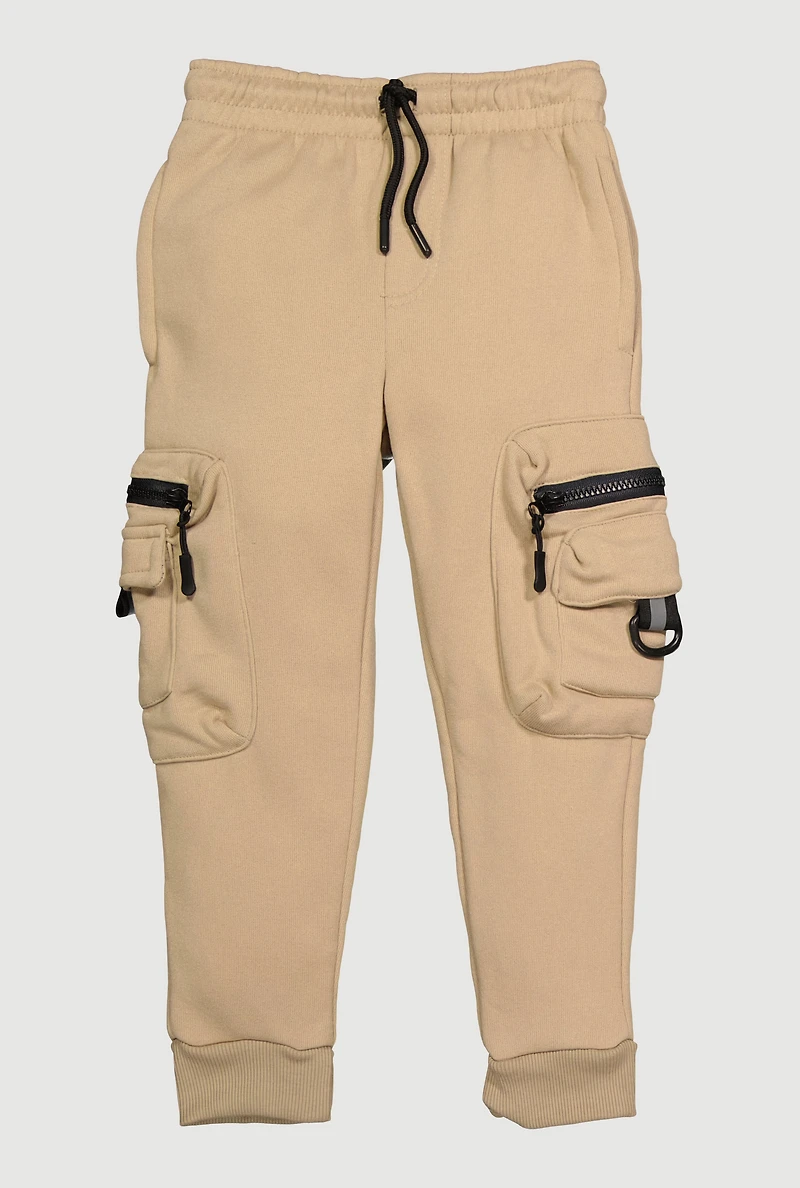 Little Boys Drawstring Waist Zip Cargo Joggers, Khaki,
