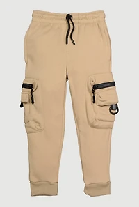 Little Boys Drawstring Waist Zip Cargo Joggers, Khaki,