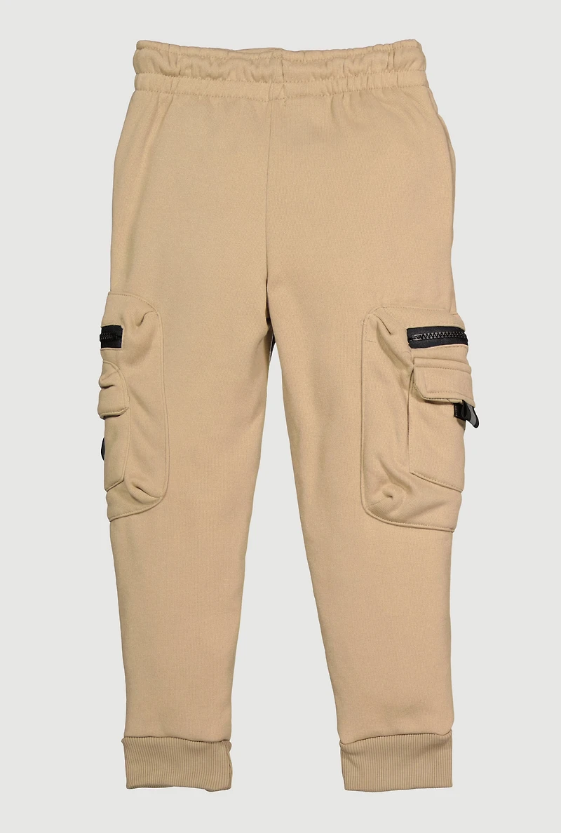 Little Boys Drawstring Waist Zip Cargo Joggers, Khaki,