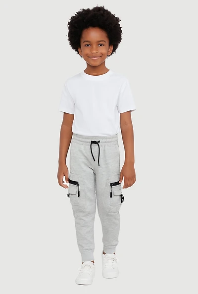 Little Boys Marled Fleece Lined Zip Cargo Pocket Joggers, Grey, Size 5-6