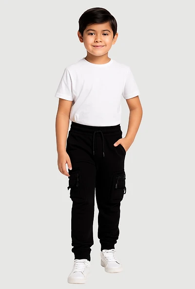 Little Boys Fleece Lined Zipped Cargo Pocket Joggers, Black,