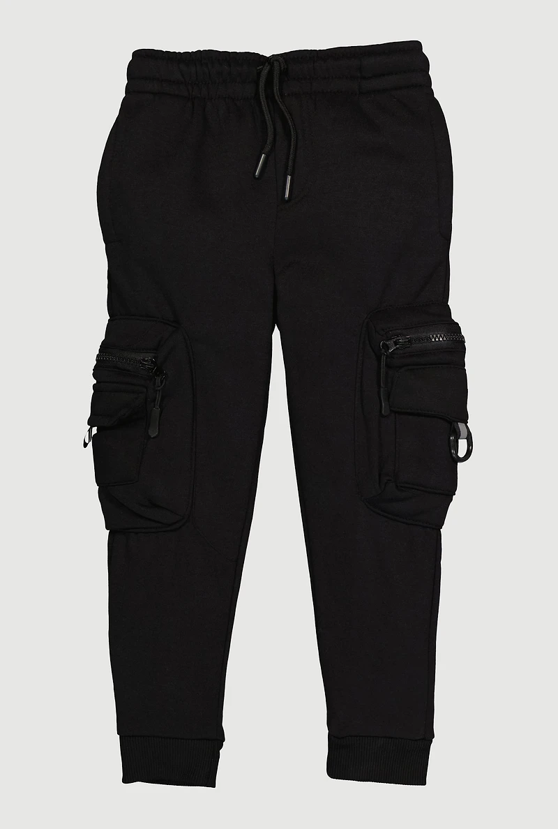 Little Boys Fleece Lined Zipped Cargo Pocket Joggers, Black,