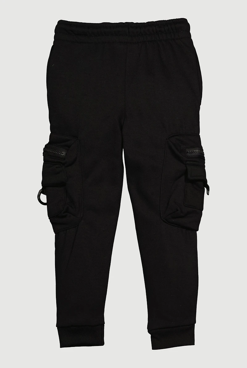 Little Boys Fleece Lined Zipped Cargo Pocket Joggers, Black,