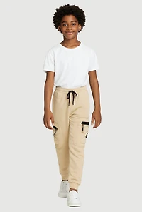Boys Drawstring Waist Fleece Lined Cargo Pocket Joggers, Khaki, Size 16-18