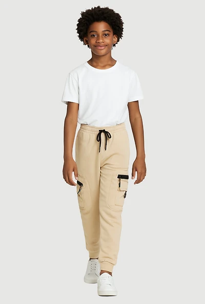 Boys Drawstring Waist Fleece Lined Cargo Pocket Joggers, Khaki, Size 8