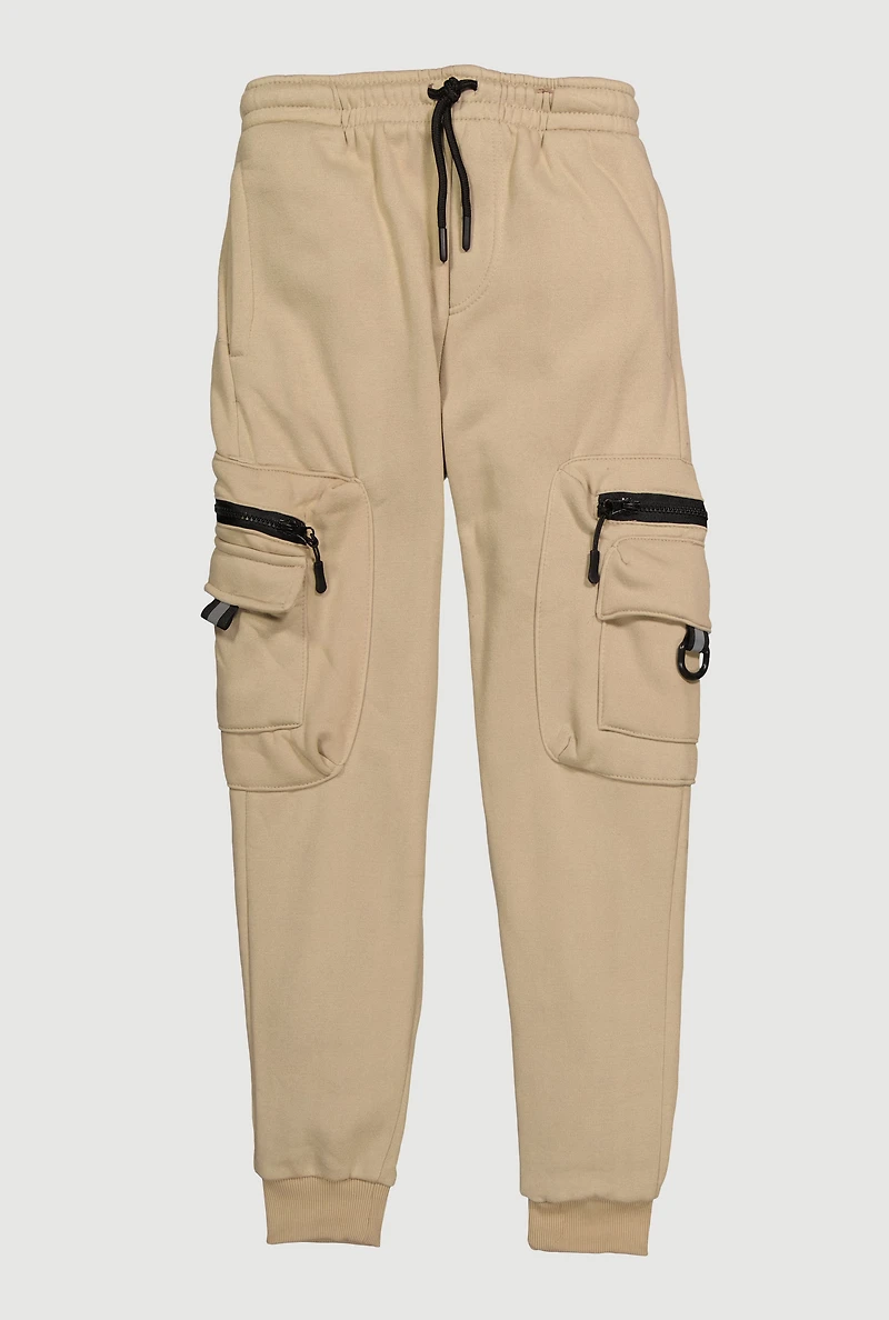 Boys Drawstring Waist Fleece Lined Cargo Pocket Joggers, Khaki, Size 16-18