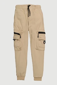 Boys Drawstring Waist Fleece Lined Cargo Pocket Joggers, Khaki, Size 16-18