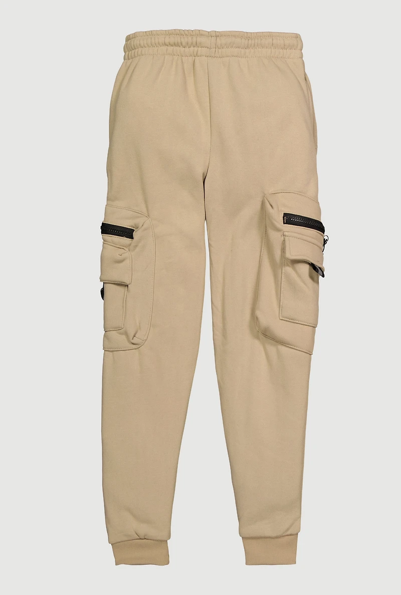 Boys Drawstring Waist Fleece Lined Cargo Pocket Joggers, Khaki, Size 16-18