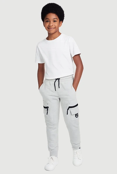 Boys Marled Drawstring Waist Zip Cargo Pocket Joggers, Grey, Size 12-14