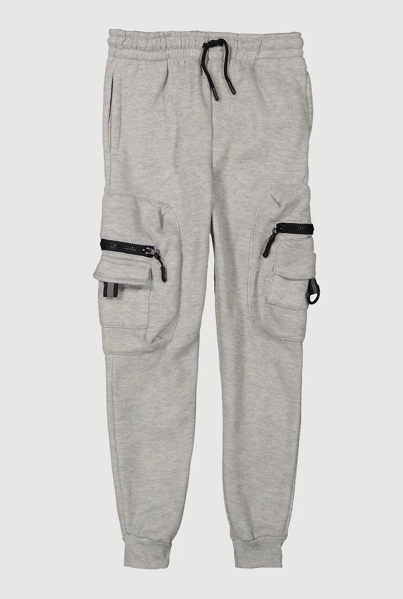 Boys Marled Drawstring Waist Zip Cargo Pocket Joggers, Grey, Size 12-14