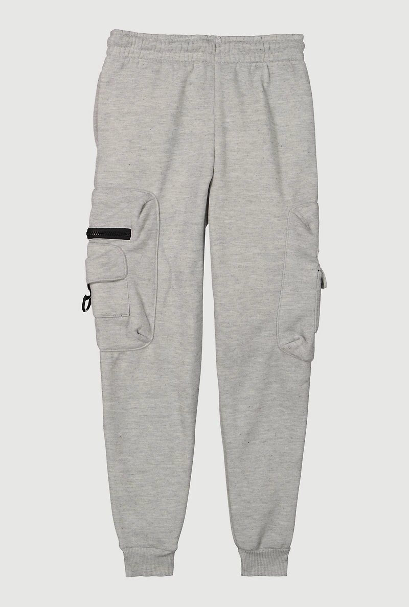 Boys Marled Drawstring Waist Zip Cargo Pocket Joggers, Grey, Size 8-10