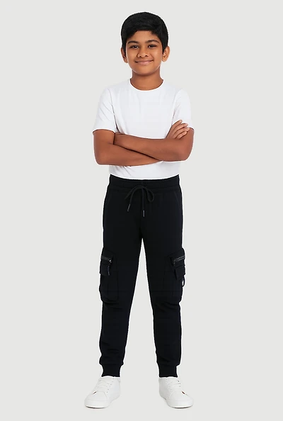 Boys Drawstring Waist Zip Cargo Pocket Joggers, Black, Size 8-10