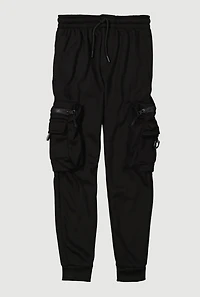 Boys Drawstring Waist Zip Cargo Pocket Joggers, Black, Size 12-14